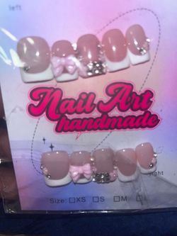 Nude French Tip Press On Nails with Pink Bow and Rhinestones