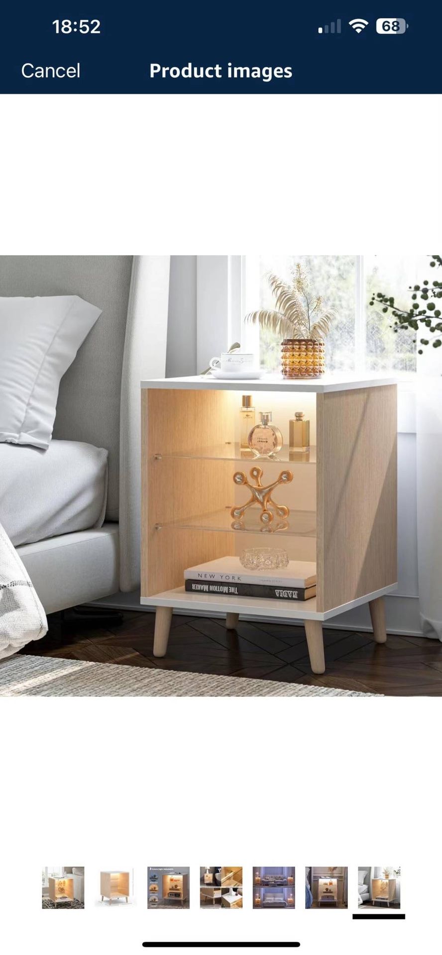   End Table LED Small Side Table with 2 Glass Shelves LED Farmhouse Bedside Table with Storage for Living Room, Bedroom and Home Office,White & Wood