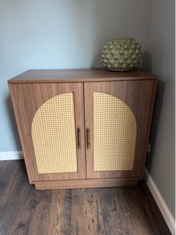 31.5” square sideboard cabinet with rattan arched doors