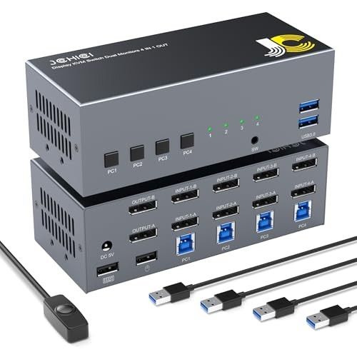 Displayport KVM Switch Dual Monitor 8K@60Hz USB 3.0 DP 1.2 KVM Switcher for 4 Computers Share 2 Monitors and 4 USB Devices Support Extended amp Copy M