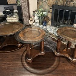 NICE!! 3 PC GLASS & WOOD COFFEE/END TABLES!