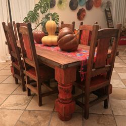 Handcrafted Mexican Solid Wood Dining Table w/ 6 Chairs 