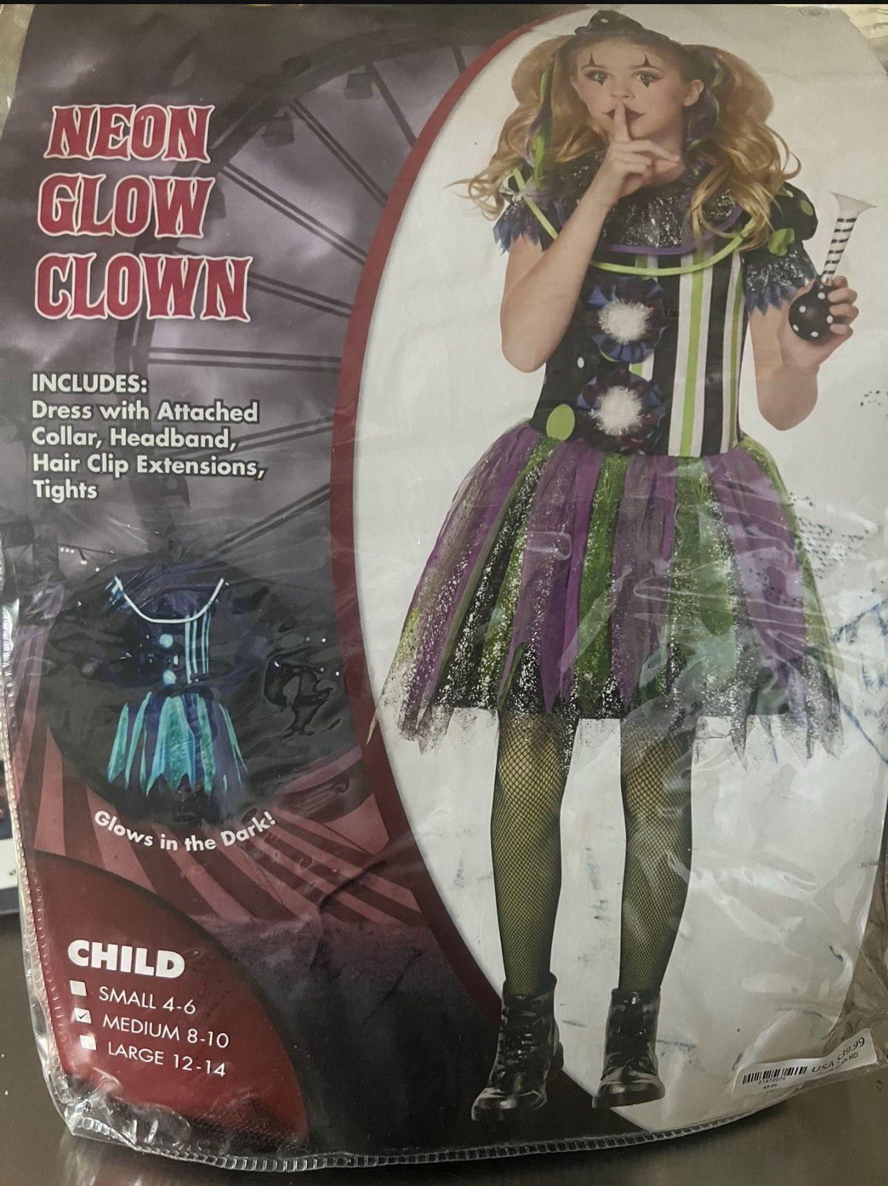 Spirit Halloween, Kids Glow in the Dark Neon Clown Costume Medium.