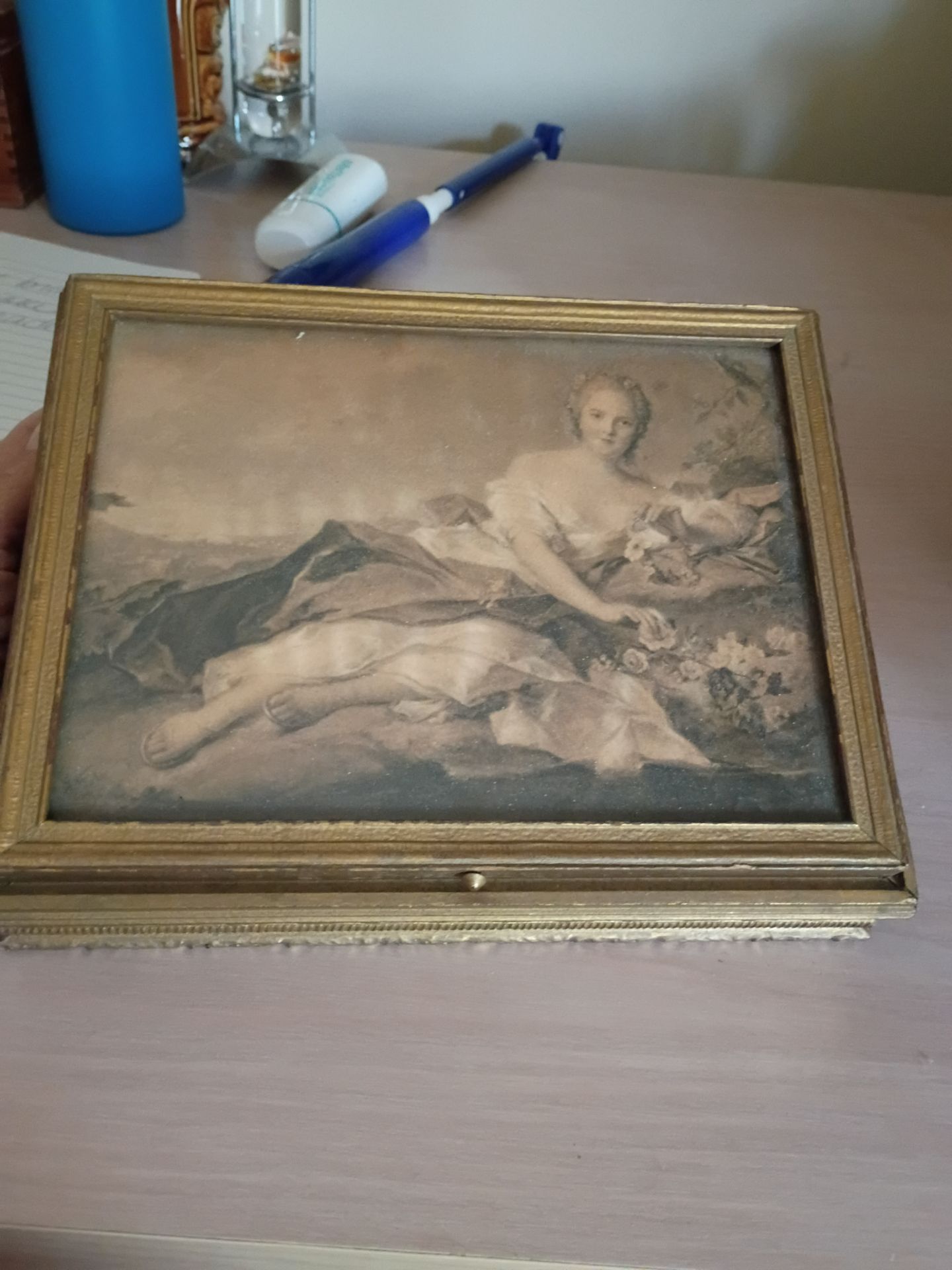 Vintage Jewelry Dresser Box W/Mirror & Antique Litho Neoclassical