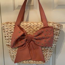 RED Valentino Straw Basket Tote Bag Large Studded Leather Bow Dusty Rose