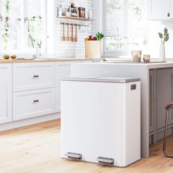 Dual Step Trash Can, 16 Gallon (30L) Stainless Steel Garbage Can with 2 Soft-Close Lid and 2 Removable Inner Wastebasket, Bin Body with Handle for Kit