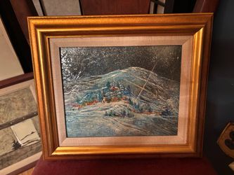 Framed Winter Village Landscape Painting