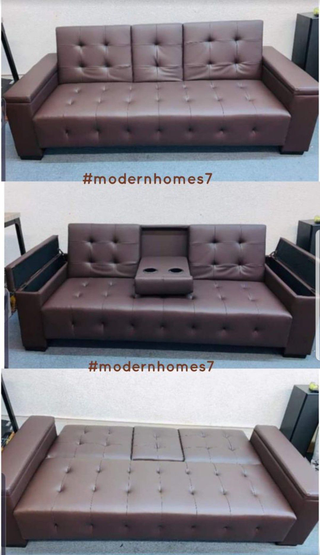 Brown leather sofa bed sleeper couch futon with storage and cupholders
