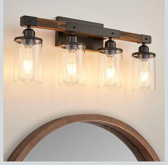4-Light Bathroom Vanity Light, Farmhouse Bathroom Fixtures Over Mirror, Rustic Industrial Wood Black Wall Lamp Sconce Light with Clear Glass Shade