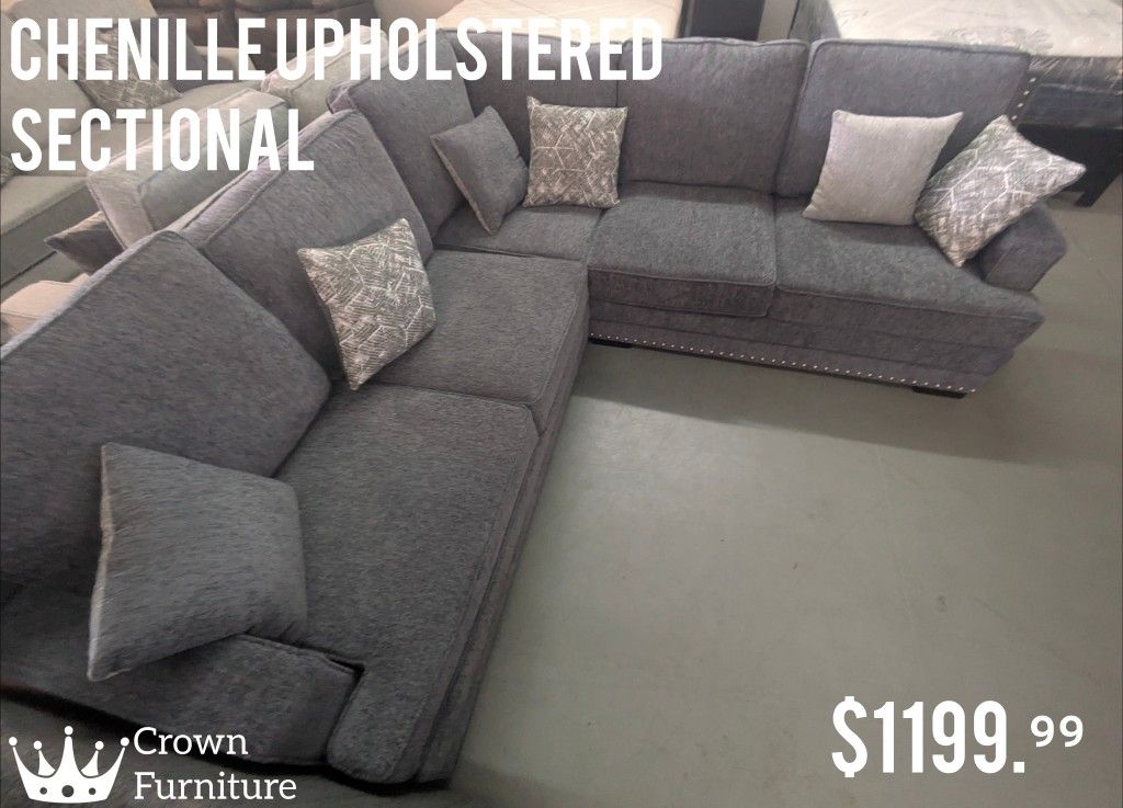 Chenille Fabric Upholstered Grey Sectional