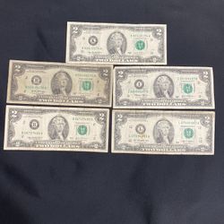 Lot Of 5 U.S $2 Bills