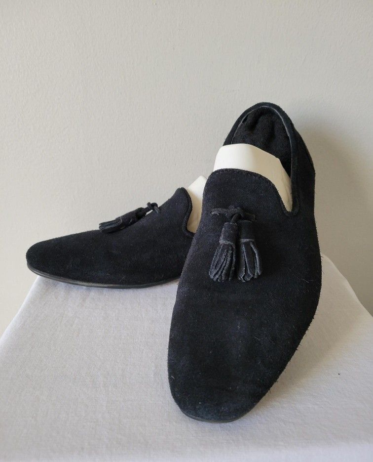 Men's Black Suede Loafers with Tassels, Size 7.5
