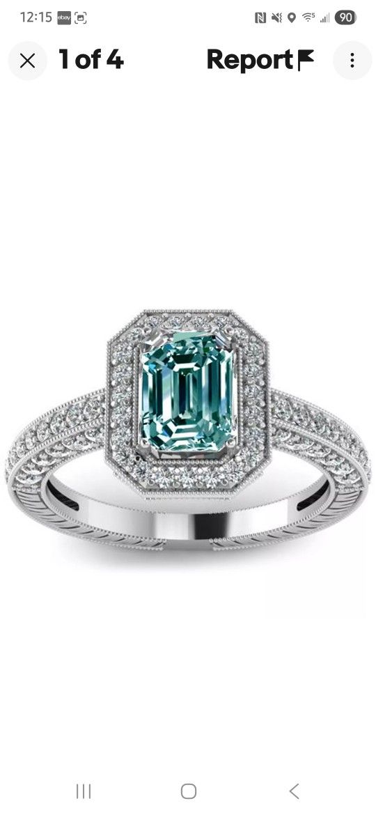 3.15 Ct VVS1 '+WHITE BLUE EMERALD CUT MOISSANITE DIAMOND SILVER RING-SIZE 7