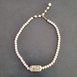 Necklace - White Beaded Choker with Colorful Center Bead