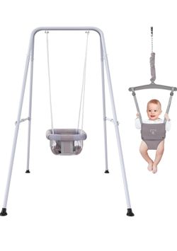 G TALECO GEAR 2 in 1 Baby Jumper with Swing, Baby Swing Indoor and Outdoor Use, Baby Jumpers and Bouncers, Toddler Swing with Foldable Stand, Gray