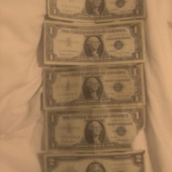 $2 dollar bill 1963 series & 4 One Dollar bills Blue Stamp  series1957