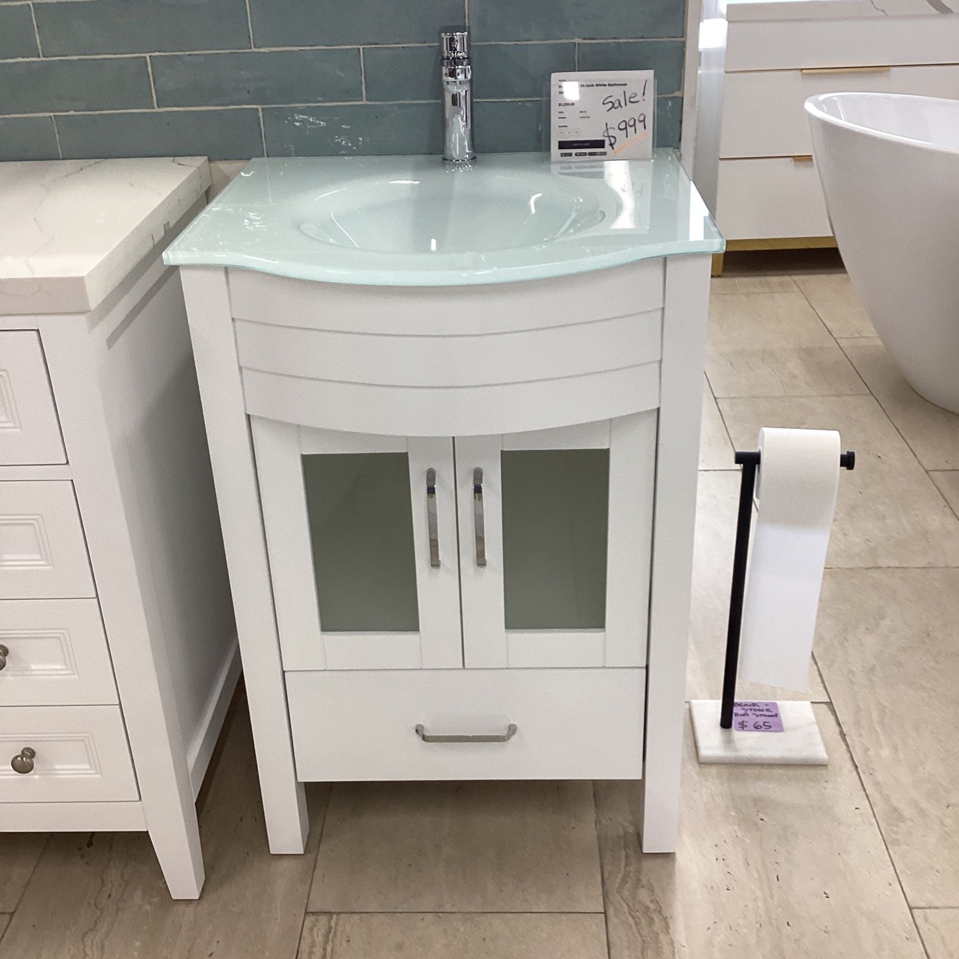 24” White Bathroom Vanity Glass Top Sink Solid Wood Softclose Drawer And Cabinets Available In Our Showroom Today!!