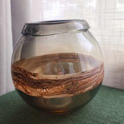 Modern Glass Bowl Vase – Brown Swirl Accent