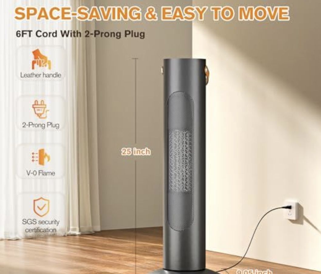 Electric Space Heaters For Indoor Use, 25" 2-IN-1 Tower Heater And Fan Combo, 70Oscillating, 2S Instant Heating, 1500W, 3 Heating & Fan Modes, Electri