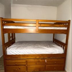 Twin Over Twin Bunk Bed with Trundle and 3 drawers storage.  2 mattresses included. Twin Bed Frame with Ladder & Solid Wood Frame