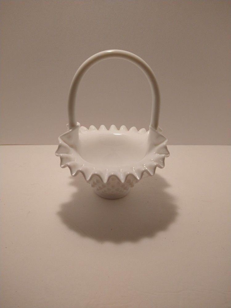 Vintage Fenton Small Milk Glass Hobnail Glass Basket