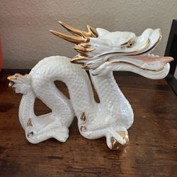 White & Gold Porcelain Dragon Figurine – Asian Decor