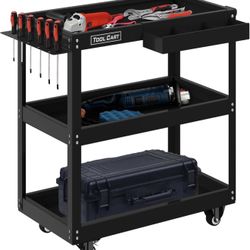 Tier Rolling Tool Cart on Wheels, Metal Rolling Cart with Side Hooks Wheels, 330LBS Heavy Duty Utility Carts, Handle Rolling Mechanic Tool Cart Storag