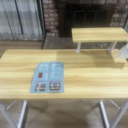 Modern Computer Desk with Monitor Shelf – Wood Top, White Metal Frame (New)