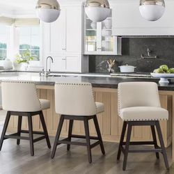 Zoi 26 in. Wood 360 Free Swivel Upholstered Bar Stool with Back, Performance Fabric in Linen. (Set of 3)