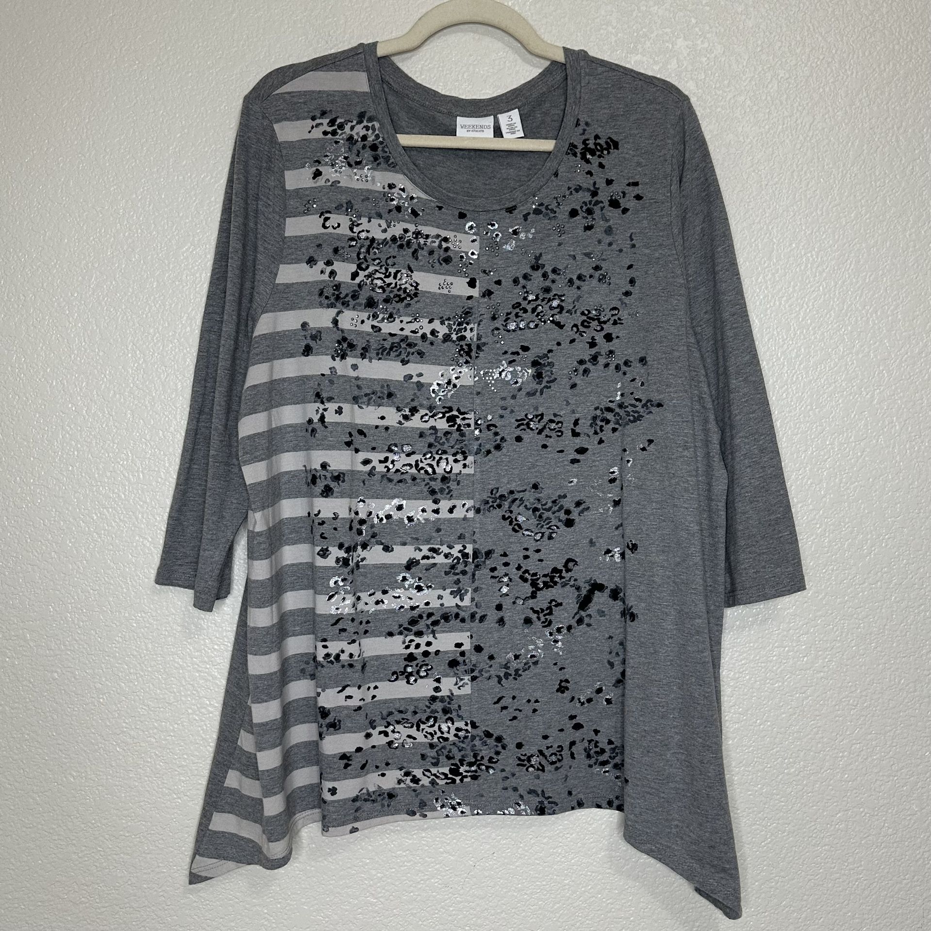 Chico's Weekends Divided Animal Print 3/4 Sleeves Tunic Top, Size XL