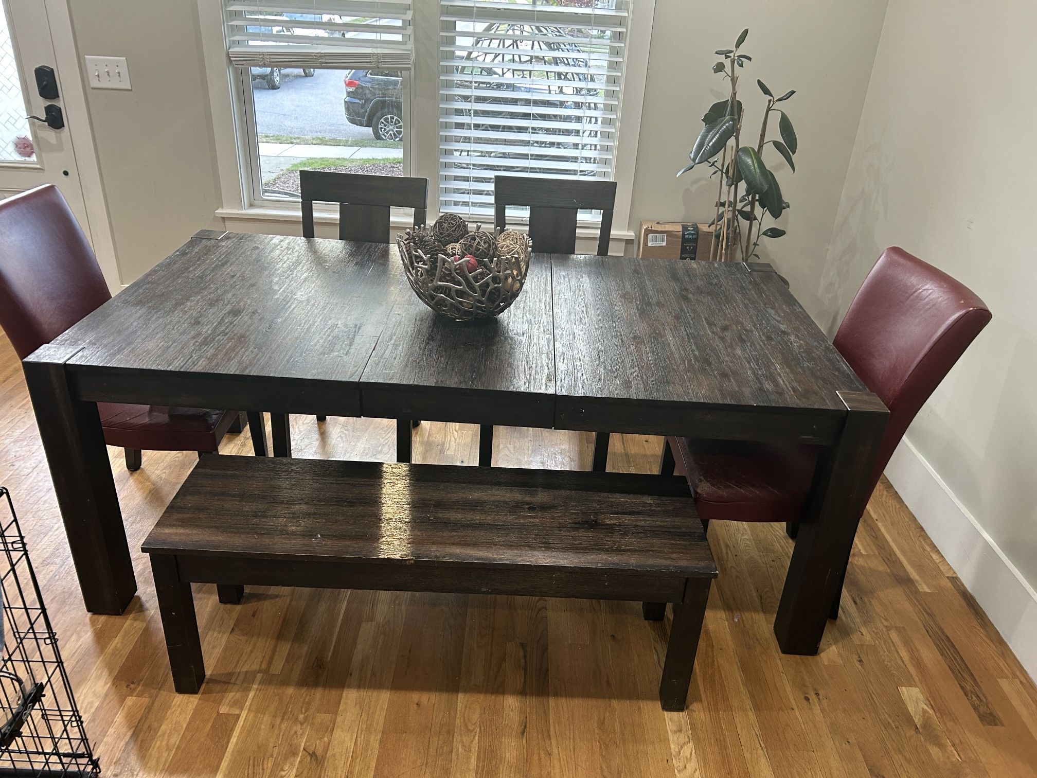 Extendable Brown Wood Dining Table with bench & chairs