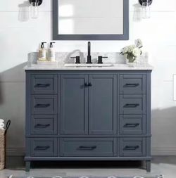 Merryfield 43 in. Single Sink Dark Blue-Grey Bath Vanity with White Carrara Marble Top (Assembled)