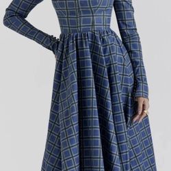 HOUSE OF CB 'Delia' Blue Tartan Midi Dress NWOT size S