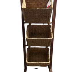 Casafield 3-Tier Floor Stand with Hanging Storage Baskets, Walnut- Wood Tower Rack  for Bathroom, Kitchen, Laundry,