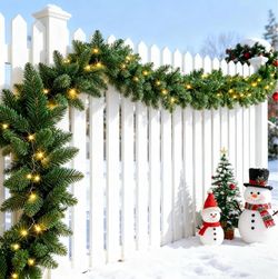 2 Pack Pre-lit Christmas Garland, 9FT Battery Operated Garland with 50 LED Lights, Christmas Lighted Garland for Stair Mantle Indoor Outdoor