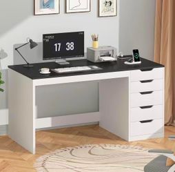 47”Computer Desk with 5 Drawers and Power Outlets , Black and White