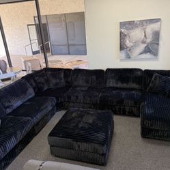 HUGE modular Black Corduroy Sectional With USB/C ports And Cupholders 165x128