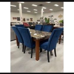 Blue Velvet Chairs And Marble Table / 6 Piece Dining Room Set 💥 By Ashley New Brand 💥 Fastest Delivery 🚚 