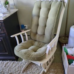Beautiful White Wooden Nursery Chair w/ Olive Green Cushions