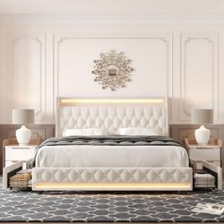 Full Size LED Bed Frame with Outlets and USB Ports, 4 Storage Drawers Modern Wingback Crystal Button Tufted Velvet Upholstered Platform Bed Frame, Bei