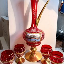 14.5” Murano 24k Decanter & 4 Glasses 