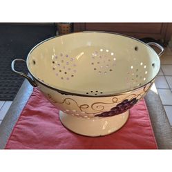 Vintage Enamel Strainer Grapevine Design w/ Brass Handles Colander Kitchen Used