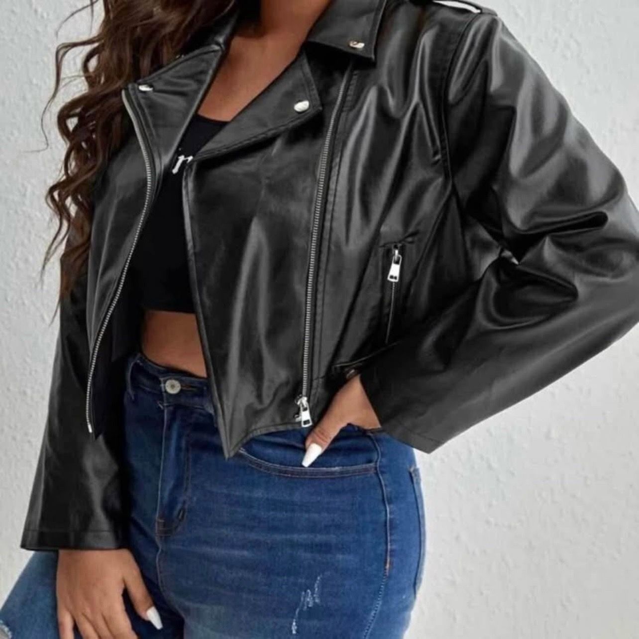 😎 New! Black Faux Leather Motorcycle Zippered Cropped Moto Jacket Size 1XL