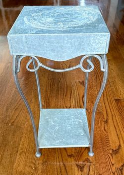 Galvanized Metal/Wrought Iron Square Plant stand /Accent Side-Table 2 Tier, scrollwork detailing. Vintage!