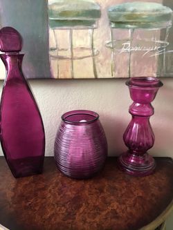 Purple Glass Decanter, Vase and Candle Holder