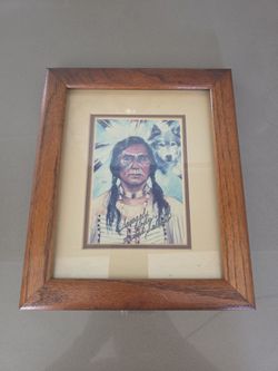 Framed Native American Portrait Print with Wolf