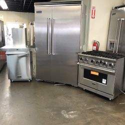 Viking Stainless Steel Kitchen Bundle Set Viking 48” Built In Refrigerator Viking 36” Gas Range Stove Viking Dishwasher 36” Range Hood 