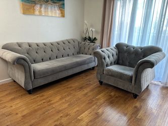 Gray Velvet Tafted couch and Arm chair