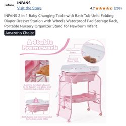 INFANS 2 in 1 Baby Changing Table with Bath Tub Unit, Folding Diaper Dresser Station with Wheels Waterproof