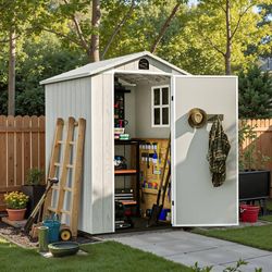 New 4 x 4 FT Plastic Outdoor Storage Shed with Floor, Garden Tool Shed with Two Windows and Single Lockable Door for Garden, Backyard, Lawn, Easy to I
